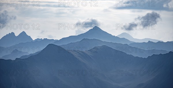 Blue mountain silhouettes, Carnic High Trail, Carnic Alps, Carinthia, Austria, Europe