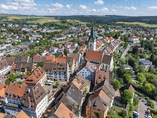 Aerial view of the town of Engen in Hegau with the town hall square and the Church of the