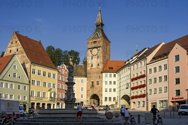 Medieval gate tower, town gate Schmalzturm or beautiful tower, Marienbrunnen, main square, old town