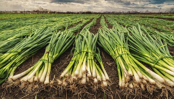 Vegetable, spring onion or spring onion, also winter onion, Allium fistulosum, harvest in a field