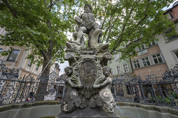 Neptune fountain, called Gabelmoo, with coat of arms, newly erected in 1697, Grüner Markt, Bamberg,