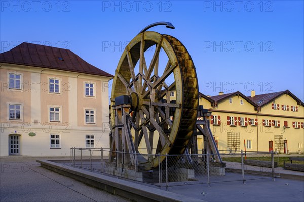 Water wheel, Salinenpark, Traunstein, Chiemgau, Upper Bavaria, Bavaria, Germany, Europe