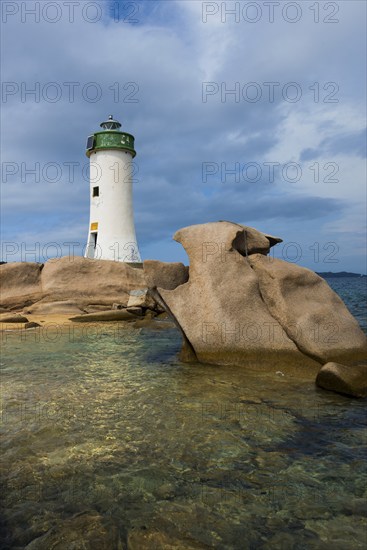 Lighthouse with beach and bizarre granite rocks, Spiaggia Porto Faro, Faro di Punta Palau, Palau,