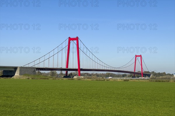 View over Rhine meadows on the left bank of the Rhine to red steel pillars of earth-anchored