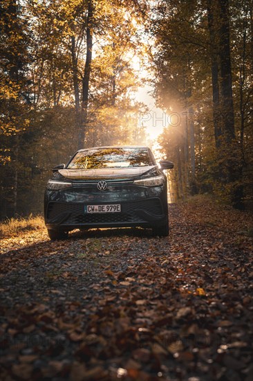 Car on a forest path covered with leaves in warm sunlight, peaceful atmosphere, electric car VW
