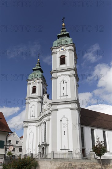 Collegiate Church of St Peter, west façade with baroque towers, Bad forest lake, Upper Swabia,