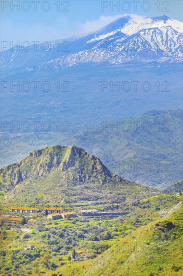 View of mount Etna from Castelmola village, Castelmola, Taormina, Sicily, Italy, Europe