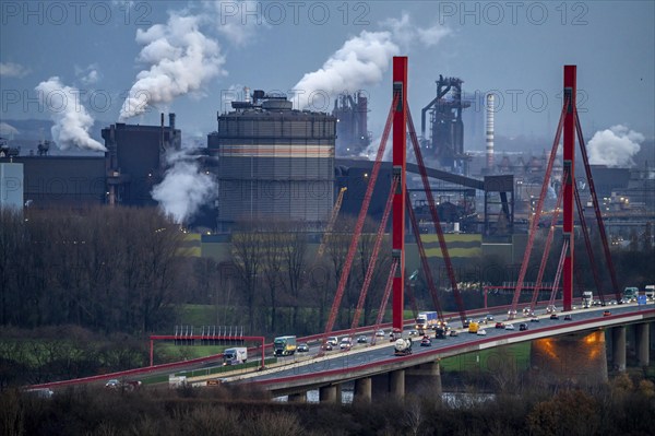 Thyssenkrupp Steel steelworks, blast furnaces 8 and 9, gasometer, motorway bridge of the A42 over