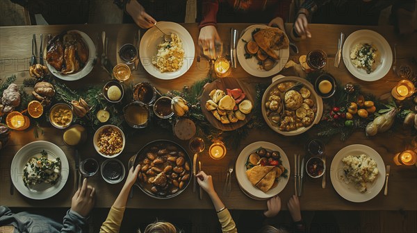 Directly overhead family and friends enjoy A delicious variety of holiday food at the table.
