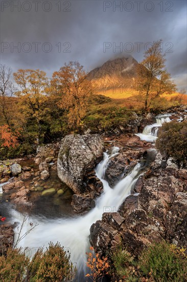 Waterfall, wild river, cloudy mood, morning light, autumn colours, autumn, mountains, Buachaille