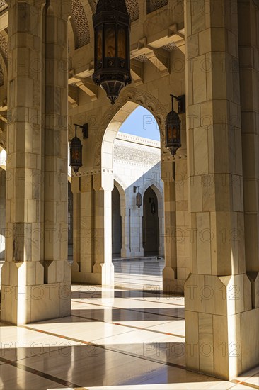 Arcades in the Sultan Qaboos Mosque, Muscat, Arabian Peninsula, Sultanate of Oman