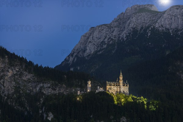 Neuschwanstein Castle in the mountains at night under a clear sky with moonlight, romantic,