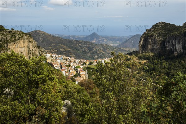 Picturesque village and steep mountains, Ulassai, Province of Ogliastra, Sardinia, Italy, Europe