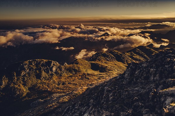 Sunrise hike on the Hochplatte in the Ammergau Alps, Ammergebirge in the Allgäu, Bavaria, Germany,