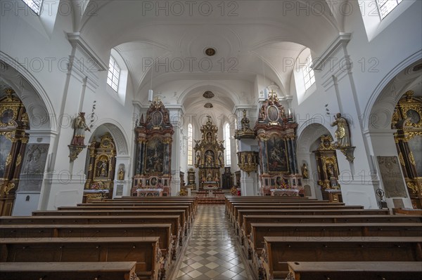 Interior of the Catholic parish church of St Emmeram, Wemding, Swabia, Bavaria, Germany, Europe