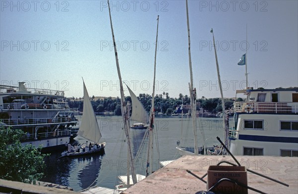 Excursion boats, feluccas, boat harbour, Aswan, Nile Valley, Egypt, September 1989, vintage, retro,