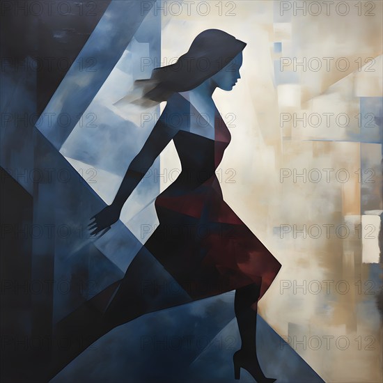 Abstract illustration in geometric shapes of a woman in hurry, AI generated