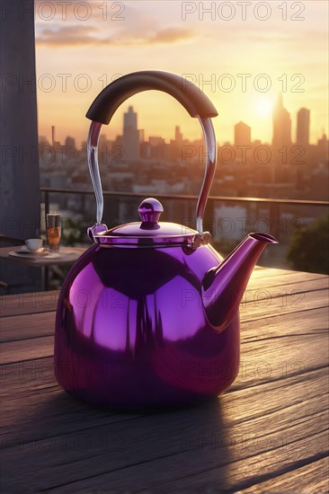 Purple colored tea kettle whistling on a rustic wooden table in soft morning sunlight, AI generated