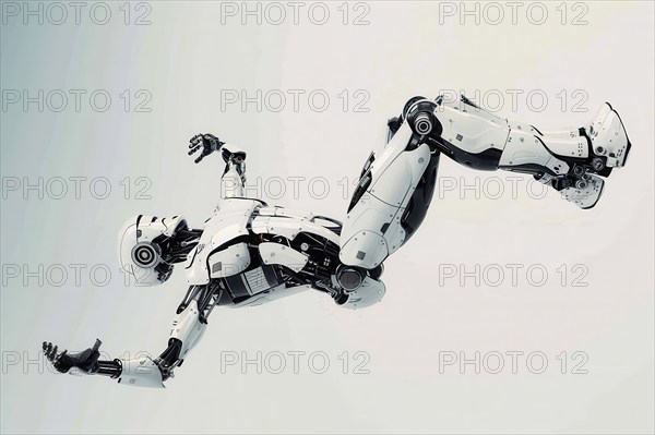 Futuristic humanoid cyborg making an acrobatic rear backflip in front of a white background, AI