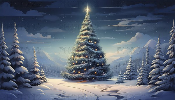 Illustration of a Christmas tree in a snowy winter landscape at night, AI-generated image, AI