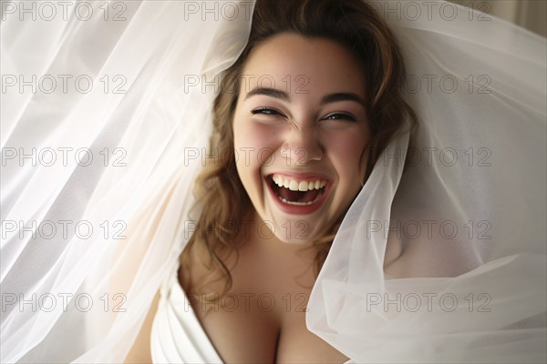 Happy plus size curvy woman in wedding dress. KI generiert, generiert, AI generated