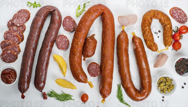 Food, meat products, various smoked sausages on a white surface AI generated, AI generated