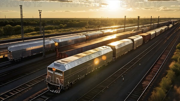 Aerial view of a modern freight train with reflective metallic surfaces, AI generated