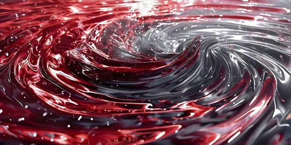 Digital art illustration of a liquid whirlpool swirling with red and silver tones, AI generated