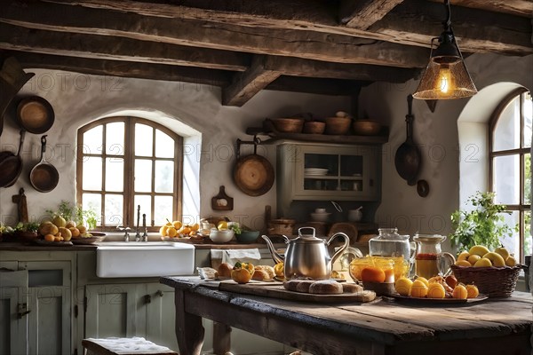 Rustic kitchen interior with exposed wooden beams, a farmhouse sink, and a table set with freshly