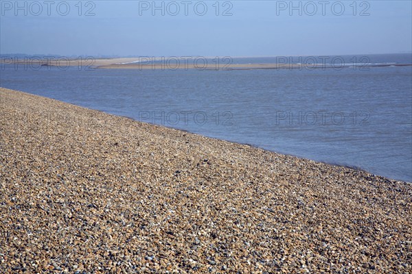 Mouth of River Ore at the tip of Orford ness spit at North Weir Point, Shingle Street, Suffolk,
