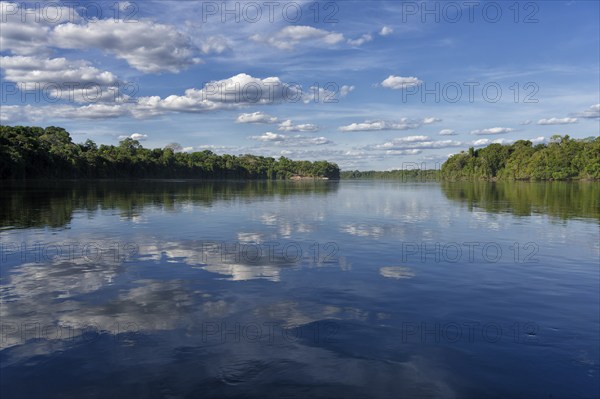 Sky and trees reflecting in the Juruena river, Alta Floresta, Amazon, Brazil, South America