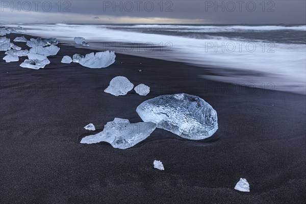 Ice floes, beach, sea, waves, cloudy, Diamond Beach, Breidamerkursandur, Jökulsarlon, Iceland,