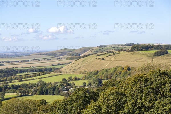 View over chalk scarp slope Vale of Pewsey, Pewsey Vale, Martinsell Hill, Oare, Wiltshire, England,