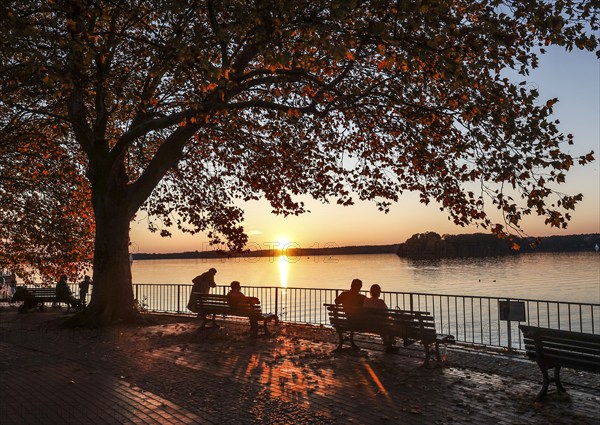 Visitors to the promenade on Lake Tegel enjoying the sunset, Berlin, 25 October 2024, Berlin,