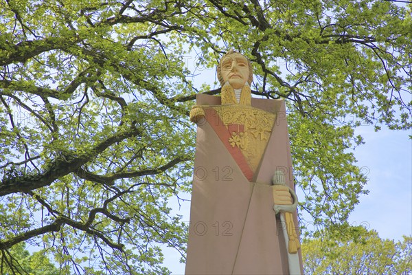 Sculpture and monument to French Marshal Michel Ney with uniform, sword and medals, stabbing