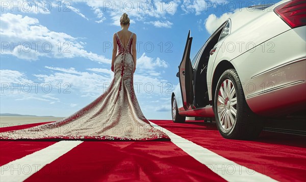 Celebrity woman in long fashionable luxury gown walking on a red carpet to celebrity gala event, AI