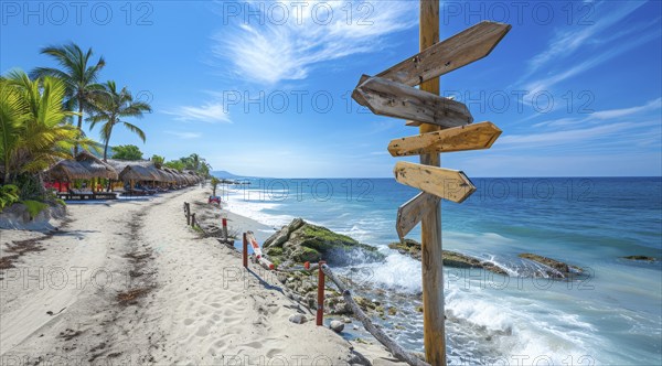 Sign pointing to the direction of vacation destination with scenic beach and ocean, AI generated