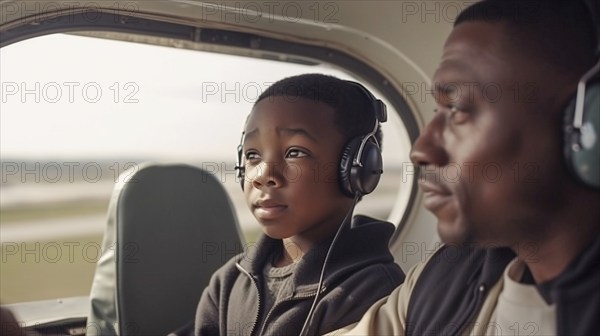 Young african american father teaching his son to fly in the cockpit of their airplane, generatvie