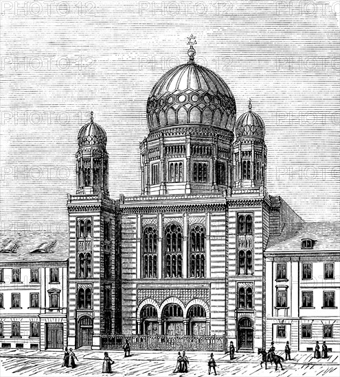 New Synagogue in Berlin, built in the mid-19th century, domed building, side towers, oriental