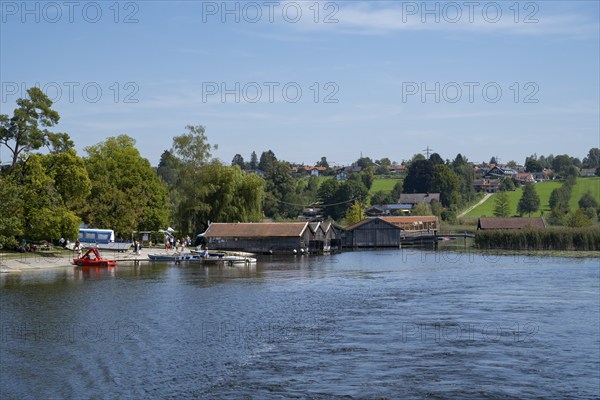 Boathouses on the shores of Staffelsee, Seehausen, Upper Bavaria, Bavaria, Germany, Europe