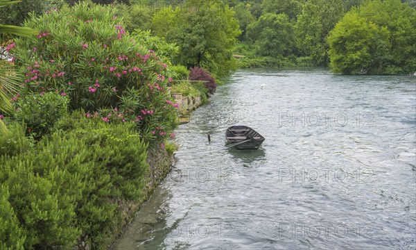 Moored rowing boat on the Mincio, Borghetto, Valeggio sul Mincio, Province of Verona, Italy, Europe