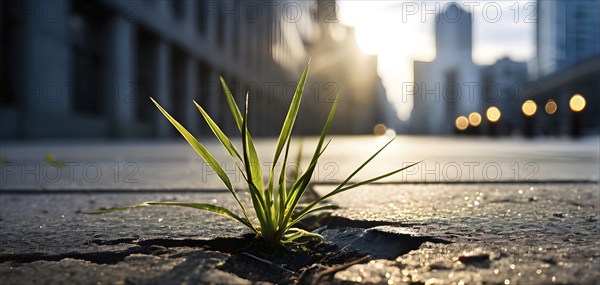 A single blade of grass pushing through a crack in a concrete sidewalk, representing the simplicity