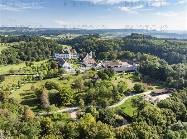 Aerial view of Langenstein Castle near Eigeltingen with surrounding golf course, Hegau, district of