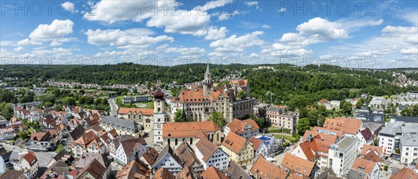 Aerial view, panorama of the town of Sigmaringen with the Hohenzollern castle above the old town,