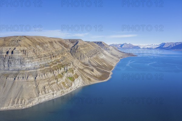 Aerial view over the mountains of Skansbukta in the outer Billefjorden, Billefjord, southeast of