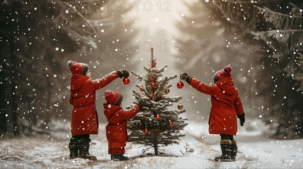 Warmly dressed children outside in the snow and hanging A christmas ornaments on A tree. generative