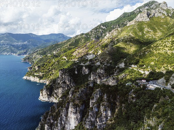 Amalfi Drive from a drone, Amalfi Coast, Maiori, Italy, Europe