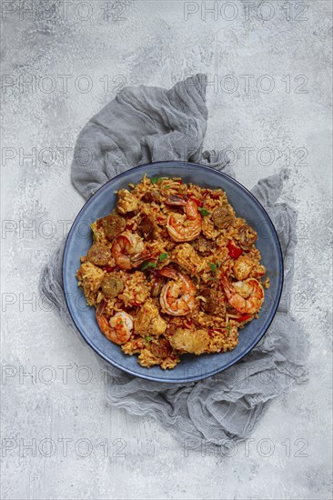 Jambalaya, Creole dish, American pilaf, rice with chicken and shrimp, vegetables, homemade, no