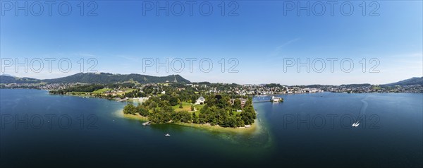 Drone shot, panorama shot, Villa Toscana in Toscana Park with Ort Castle, Gmunden, Altmünster am
