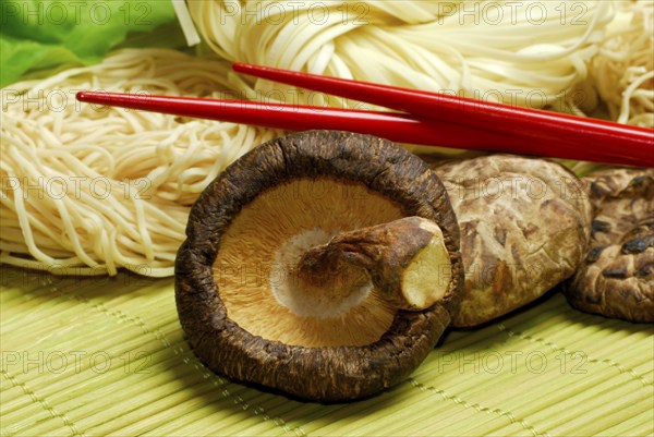 Shitake mushrooms, dried, and Asian noodles, Shiitake (Lentinus edodes) Shitake, chopsticks